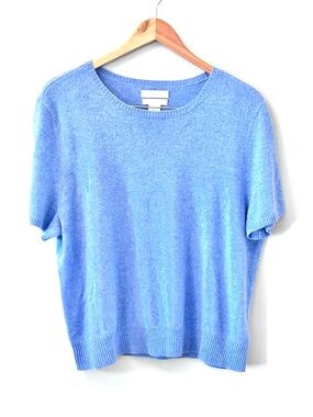 H HALSTON 100% Cashmere Short Sleeve Crewneck Sweater Light Blue Women’s XL NWOT